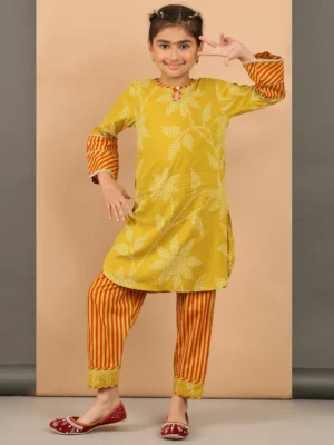 Girls Mustard Yellow Leaf Print Kurta Set with Striped Pants Ethnic Wear