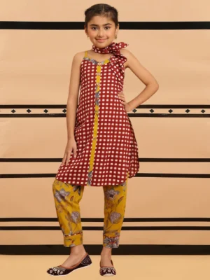 Girls Maroon Checkered Kurta Set with Scarf Neck and Floral Pants