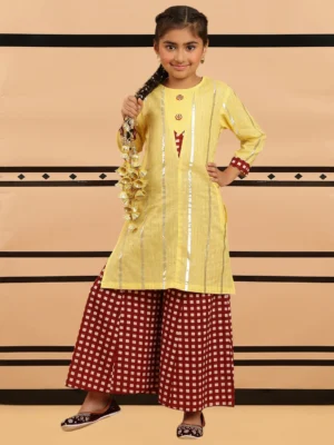 Girls Yellow Foil Stripe Kurta Sharara Set with Checkered Flared Pants
