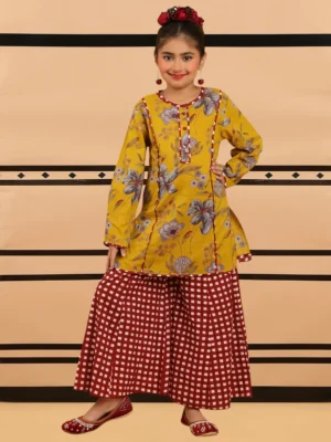 Girls Mustard Yellow Floral Kurta Sharara Set with Checkered Flared Pants