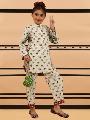 Girls Off White Floral Printed Kurta Set with Matching Pants Ethnic Wear