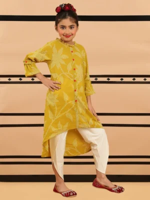 Girls Mustard Yellow Printed Kurta Dhoti Set with High Low Hem Design