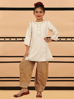 Girls Off White A Line Kurta Set with Lace Detail and Mustard Striped Pants