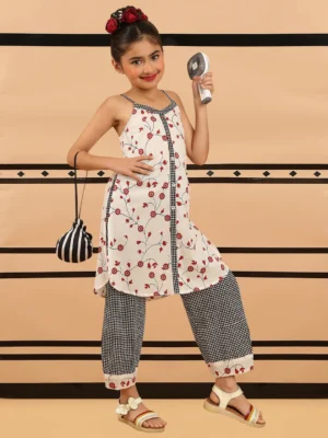 Girls White Floral Printed Kurta Set with Black Checkered Pants Ethnic