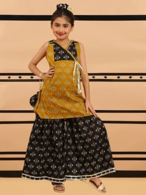 Girls Mustard Yellow Printed Kurta Sharara Set with Tie Up Detail Pants