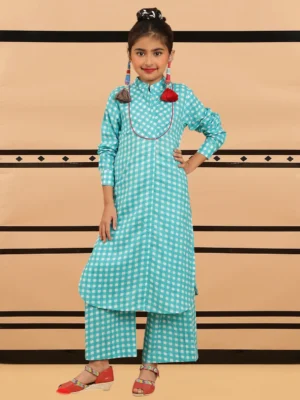 Girls Checkered Printed Kurta Set with Mandarin Collar and Matching Pants