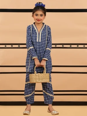 Girls Navy Blue Checkered Kurta Set with Lace Detail and Matching Pants