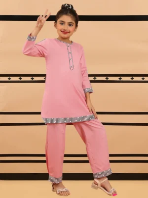 Girls Pink Kurta Set with Matching Pants Cotton Blend Ethnic Wear