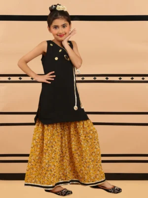 Girls Black Angrakha Kurta Sharara Set with Mustard Floral Flared Pants