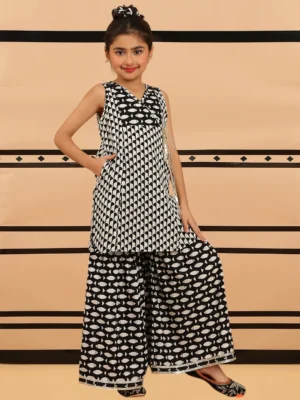 Girls Black White Angrakha Kurta Sharara Set with Geometric Fish Print