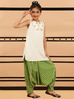 Girls Off White Embroidered Kurta Set with Green Checkered Patiala Pants