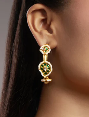 Emerald Kundan Polki Drop Earrings with Moissanite & Pearl in Micron Gold Polish