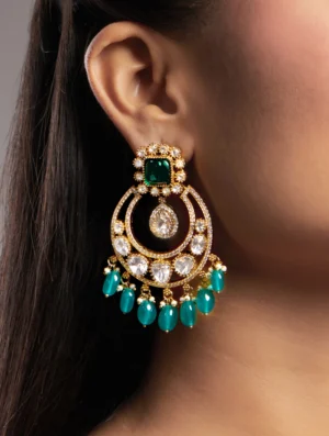 Emerald Doublet Kundan Polki Chandbali Earrings with Onyx Drops in Gold Polish