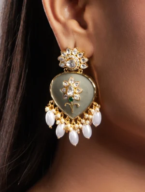 Grey Onyx Kundan Polki Floral Earrings with Shell Pearl Drops in Gold Finish