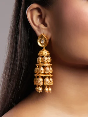 Kundan Polki Layered Jhumka Earrings in Micron Gold Polished Handcrafted Brass