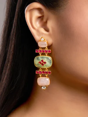 Rose Quartz Jade Kundan Polki Earrings with Synthetic Ruby in Gold Finish