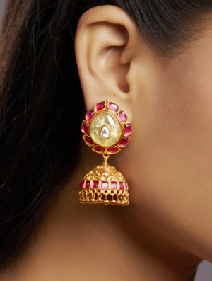 Ruby Jade Kundan Polki Jhumka Earrings with Moissanite in Micron Gold Finish