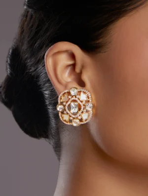 Mother of Pearl Kundan Polki Stud Earrings with Zirconia in Micron Gold Finish