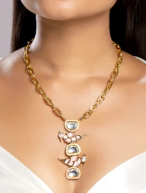 Rose Quartz Meenakari Kundan Polki Pendant Necklace in Micron Gold Finish