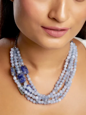 Blue Agate Multi Strand Necklace with Natural Lapis Accents and Silver Clasp