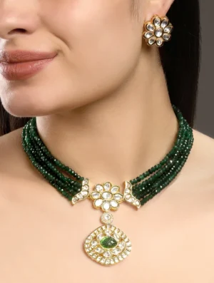 Emerald Agate Kundan Polki Choker Set with CZ and Pearl in Micron Gold Finish