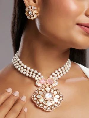 Mother of Pearl Kundan Polki Necklace Set with Onyx and Shell Pearls Gold Finish
