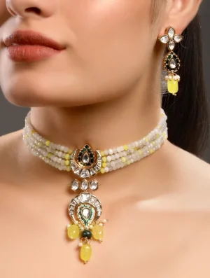 Agate Kundan Polki Choker Set with Meenakari, Pearls and Tumble Drops Gold Finish