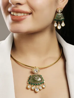 Moonstone Kundan Polki Necklace Set with CZ and Enamel Emerald Gold Finish