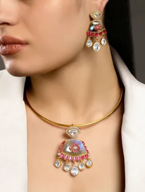 Ruby Enamel Kundan Polki Necklace Set with CZ Diamonds in Micron Gold Finish