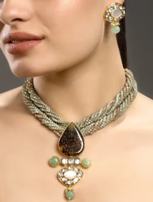 Moonstone Kundan Polki Multi Strand Necklace Set with Crystal and Gold Finish