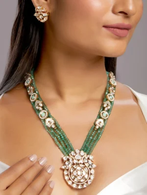 Green Agate Kundan Polki Necklace Set with Mother of Pearl Gold Finish