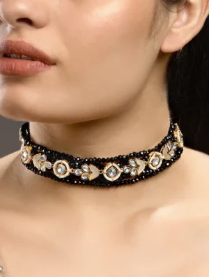 Black Agate Kundan Polki Choker Necklace with Pearl and Mother of Pearl