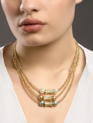 Triple Layer Crystal Pearl Necklace with CZ in Micron Gold Polished Brass
