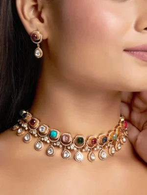 Navratna Onyx Kundan Polki Necklace Set with Zirconia and Pearl Drops