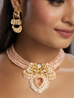 Pink Agate Kundan Polki Necklace Set with Onyx Doublet in Gold Finish
