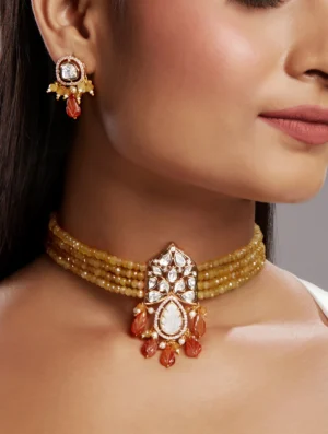 Agate Kundan Polki Choker Set with Mother of Pearl and Onyx Tumble Drops