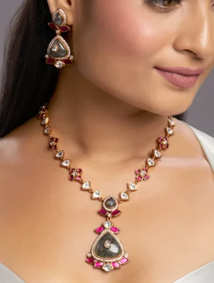 Ruby Moonstone Kundan Polki Necklace Set with Zirconia Gold Finish