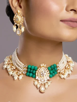 Green Onyx Kundan Polki Necklace Set with Shell Pearls Gold Finish