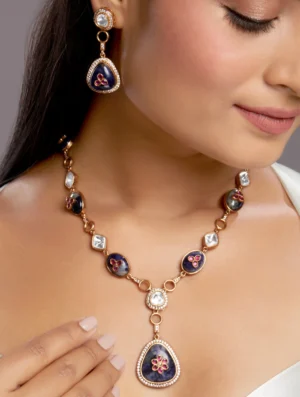 Lapis Ruby Kundan Polki Necklace Set with Zirconia in Gold Finish