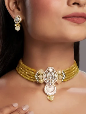 Yellow Agate Kundan Polki Choker Set with Carved Onyx and Zirconia Gold Finish