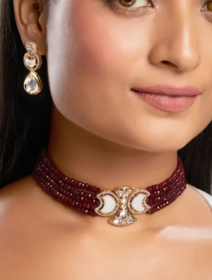 Maroon Agate Kundan Polki Choker Set with Mother of Pearl Gold Finish