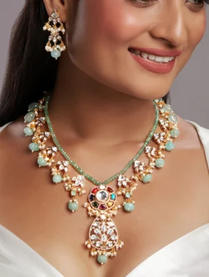 Navratna Onyx Kundan Polki Necklace Set with Agates and Pearl Drops