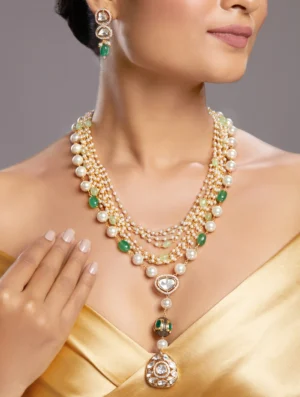 Emerald Agate Kundan Polki Layered Necklace Set with Shell Pearls Gold Finish