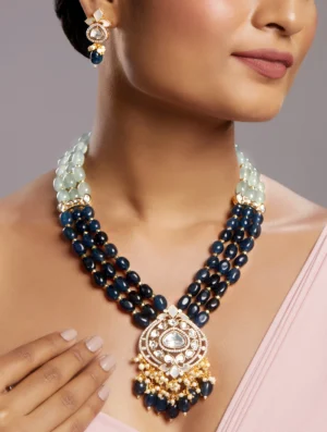 Onyx Tumble Kundan Polki Necklace Set with Mother of Pearl Gold Finish