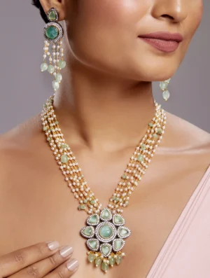 Carved Onyx Kundan Polki Layered Necklace Set with Agates Dual Tone Finish