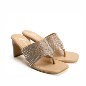 Beige Swarovski Embellished Block Heels