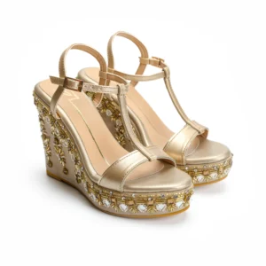Gold Embroidered T-Strap Wedge Heels
