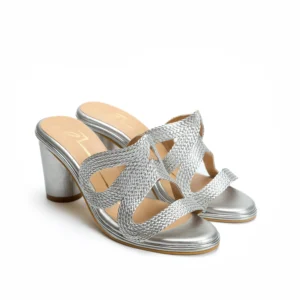 Silver Textured Block Heel Sandals