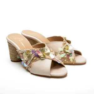 Beige Floral Embroidered Wedge Heels