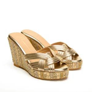 Metallic Gold Embroidered Wedge Heels